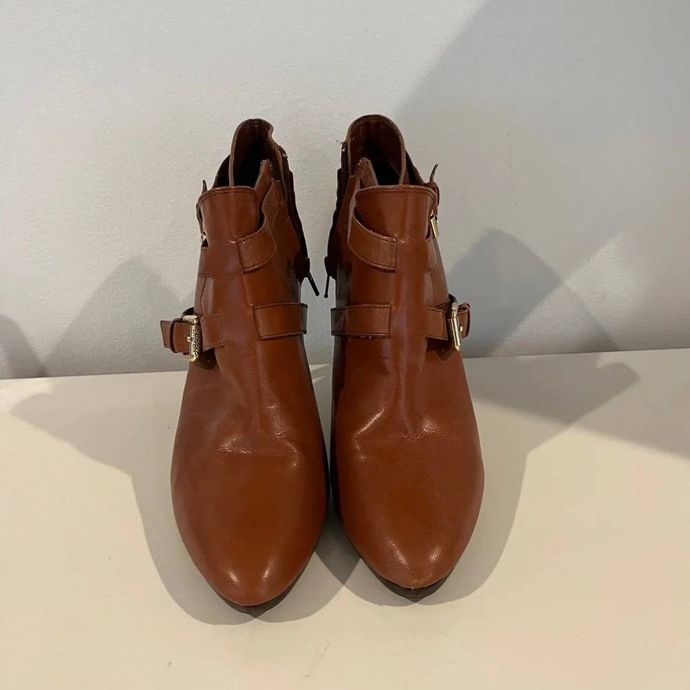 Lauren Ralph Lauren Cognac Leather Ankle Booties with Gold Buckles